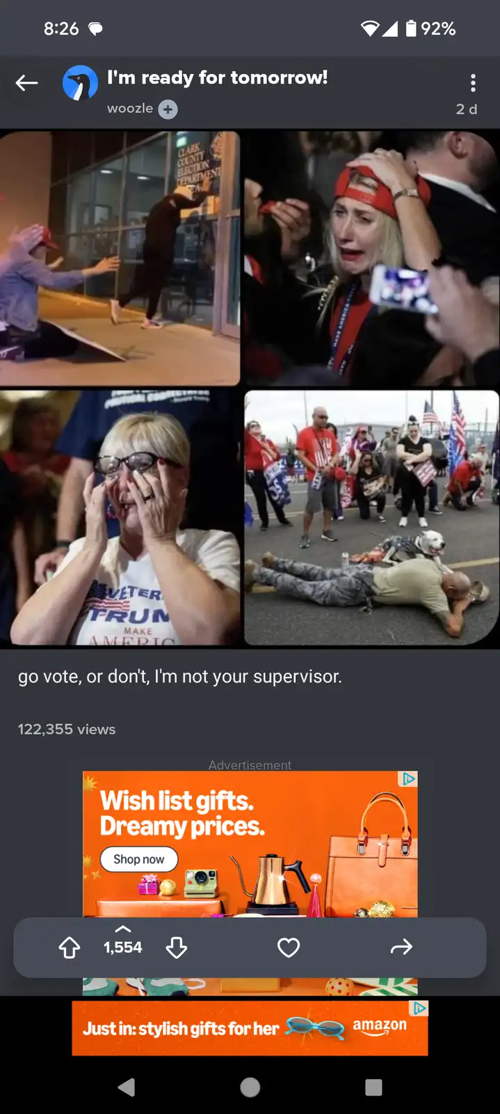 A four-panel image collage shows people emotionally reacting to an election: one person breaking a glass door, a woman…