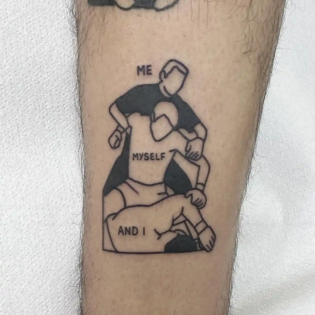 A black-and-white tattoo on a person's leg depicts three stylized figures stacked vertically. The top figure is labeled…