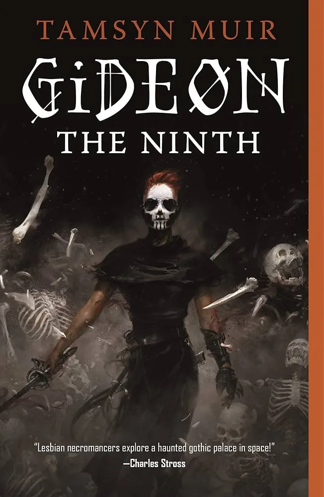 The image is the cover of the book 'Gideon the Ninth' by Tamsyn Muir, featuring a person with a skull face, red hair, and…