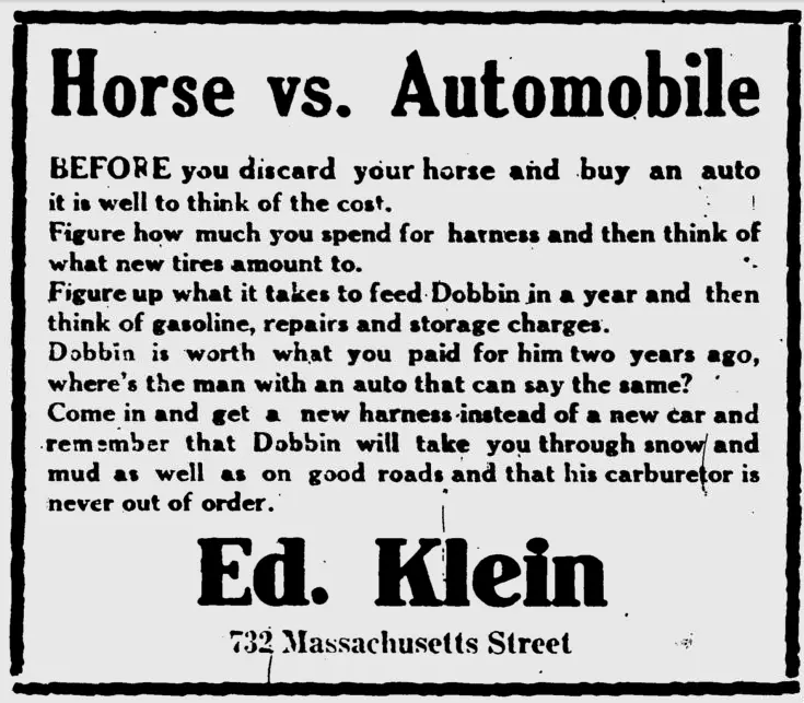 This is a vintage black-and-white advertisement titled 'Horse vs. Automobile' that humorously argues for keeping horses over…