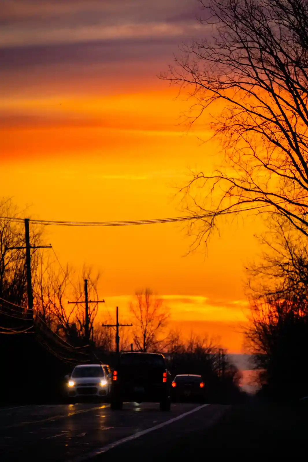 A scenic photo of a road at sunset with three cars silhouetted against a vibrant orange and purple sky, bare tree branches…