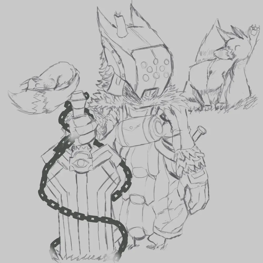 A black-and-white sketch shows a heavily armored, fox-like humanoid figure holding a chainsaw, with a chain wrapped around…