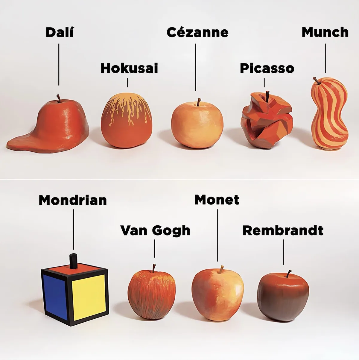 The image displays eight apples and one cube, each uniquely stylized to represent a different artist. The top row shows…