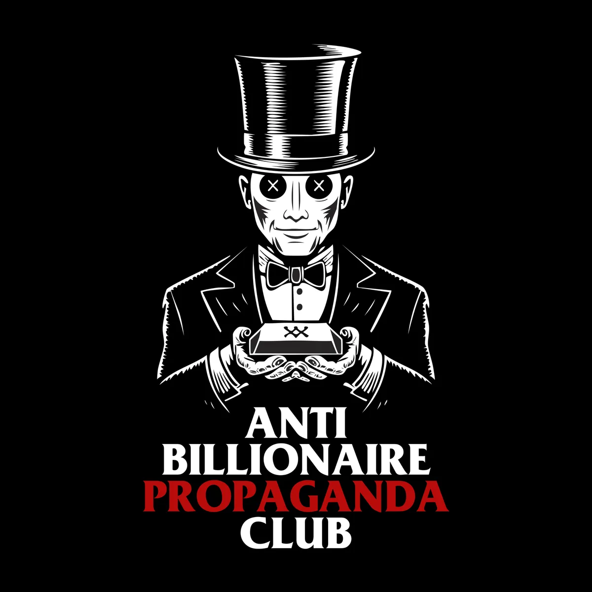 A black-and-white illustration shows a skeletal figure in a top hat and tuxedo holding a coffin-like box with X's on it…
