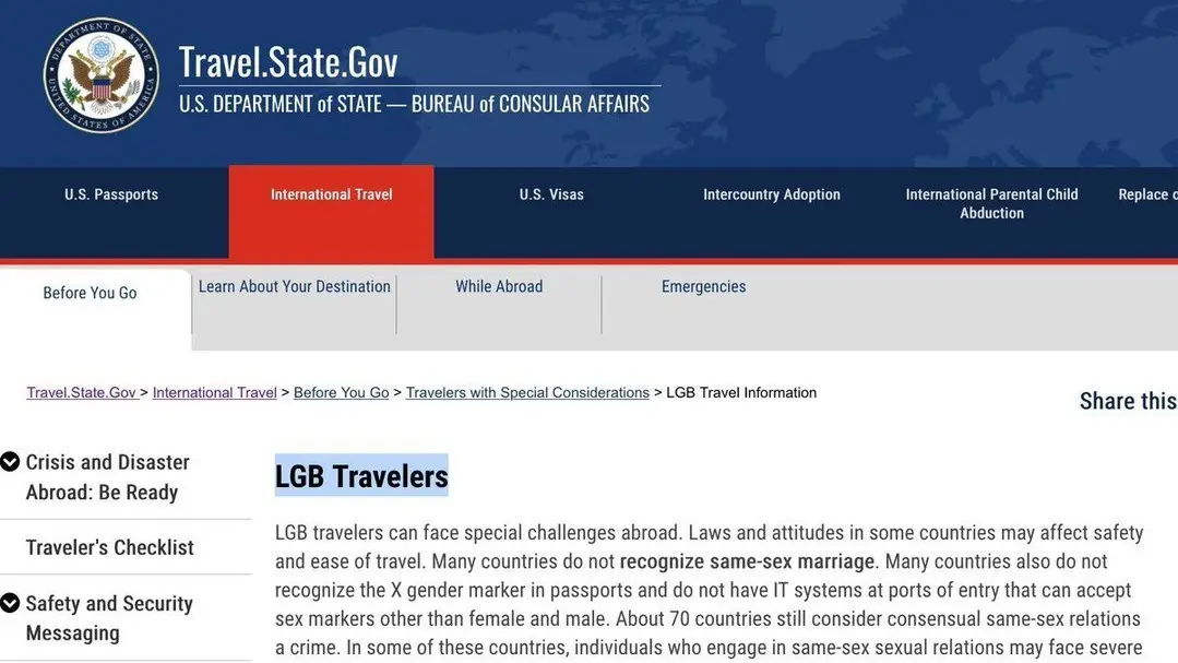 A screenshot of the U.S. Department of State's Travel.State.Gov website under the 'LGB Travelers' section, which warns that…