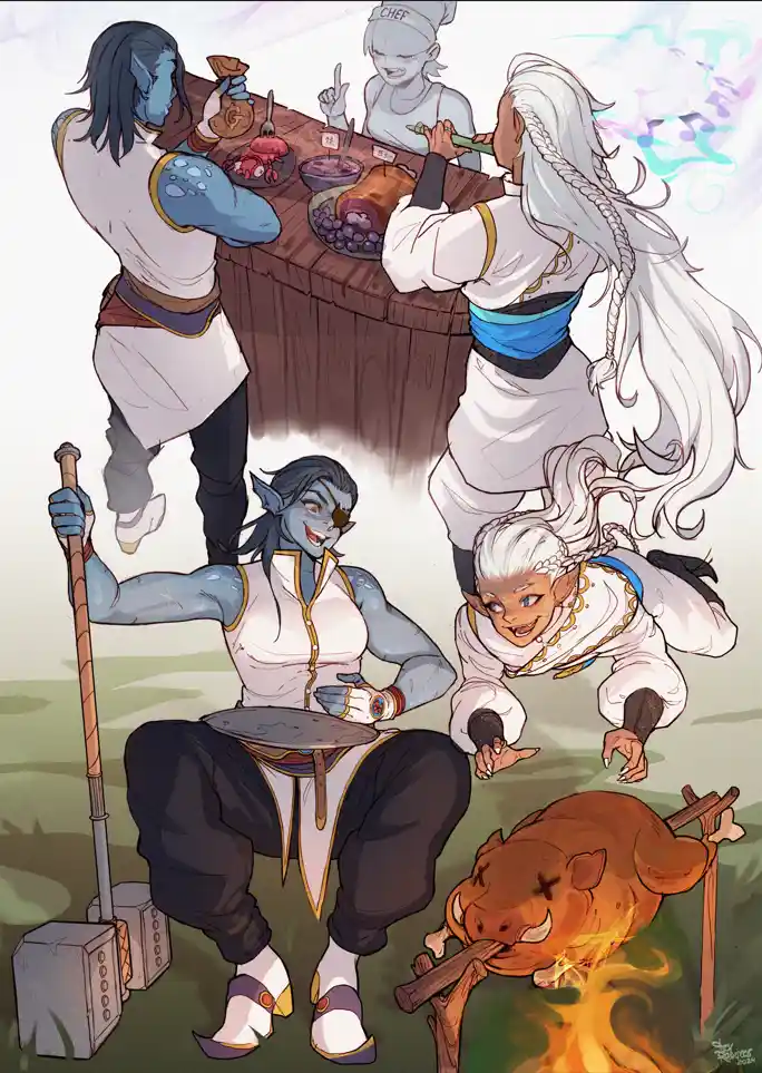 A group of blue-skinned, elf-like characters in white and gold outfits are gathered around a wooden table laden with food…
