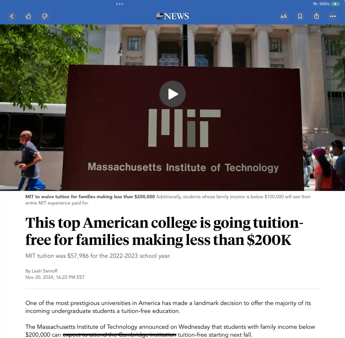 An abcnews.com article screenshot shows a large maroon MIT sign with the university's logo and name. The headline reads…