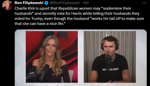 A screenshot of a Twitter post by Ron Filipkowski showing a split-screen video call. On the left, a woman with blonde hair…