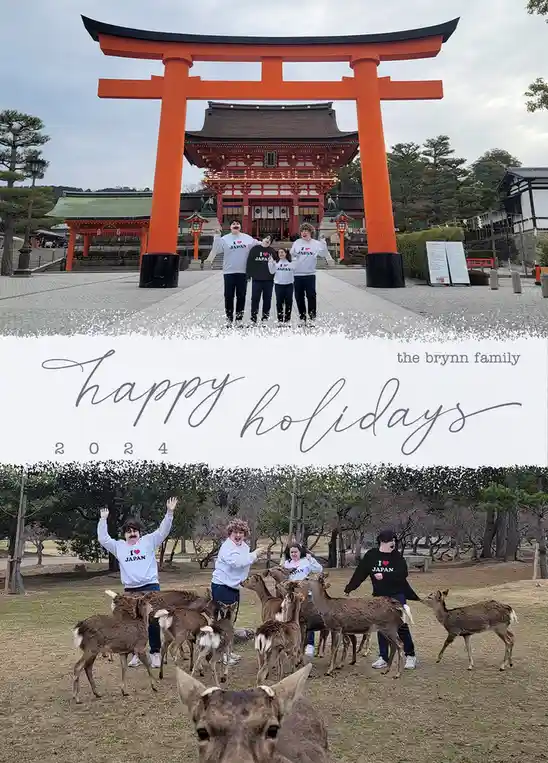 A holiday card featuring two photos of a family in Japan. The top photo shows four people posing in front of a large orange…