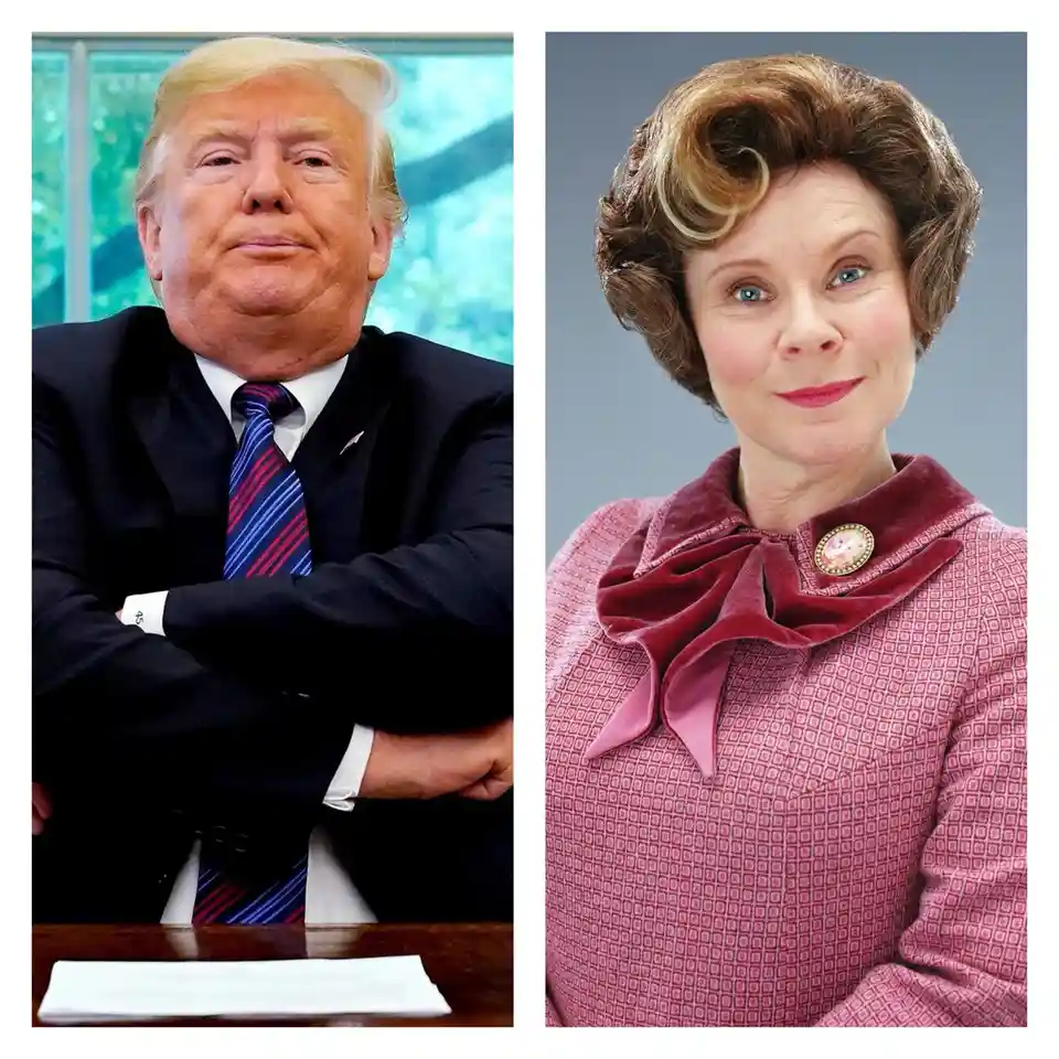 The image displays two side-by-side portraits: on the left, Donald Trump seated at a desk with arms crossed, wearing a dark…