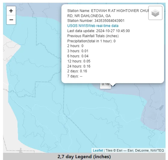 A weather map showing a light blue rainfall overlay, with a data box from USGS NWISWeb for 'ETOWAH R AT HIGHTOWER CHUI RD…
