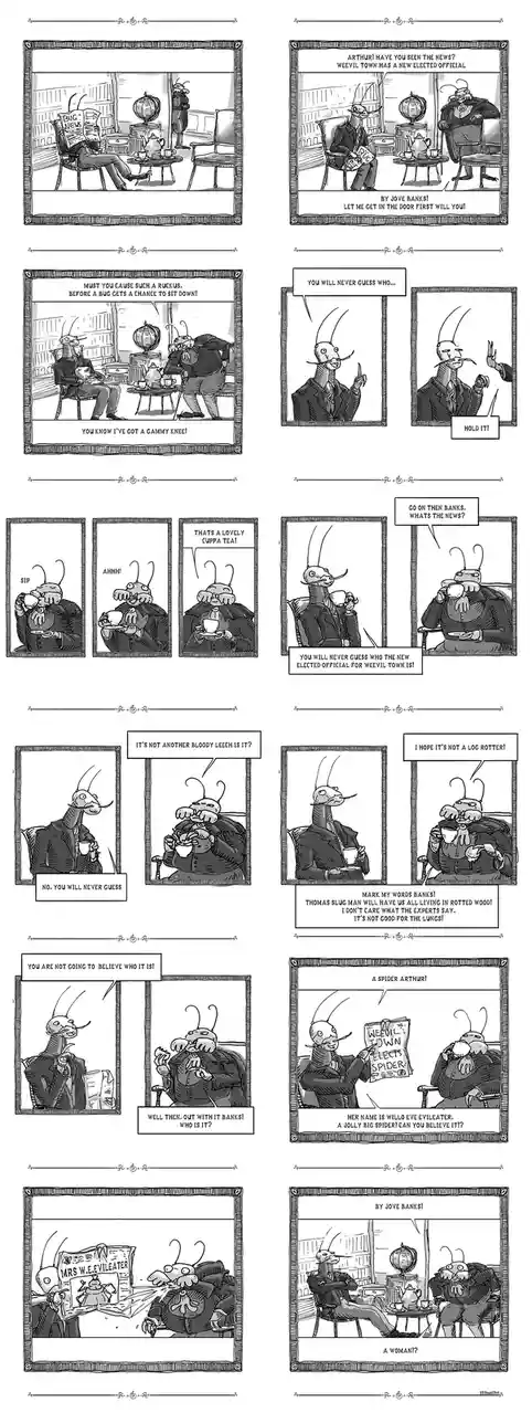 A black-and-white comic strip featuring anthropomorphic cockroaches in a tea room, reacting with shock and horror to news of…