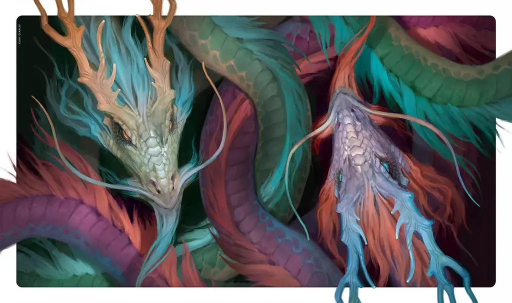 The image shows two dragons with elaborate, colorful scales and antler-like horns, coiled together in a dark background. One…