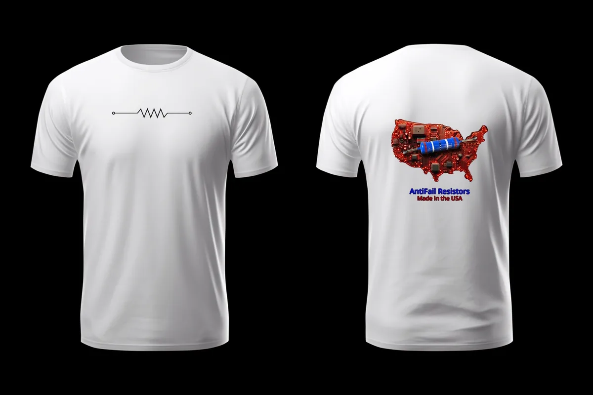 Two views of a white t-shirt: front has a simple black resistor symbol, back shows a red circuit board shaped like the USA…