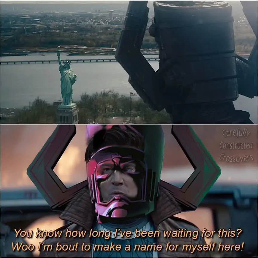 The image is a two-panel meme. The top panel shows a giant robot's arm looming over the Statue of Liberty in New York City…
