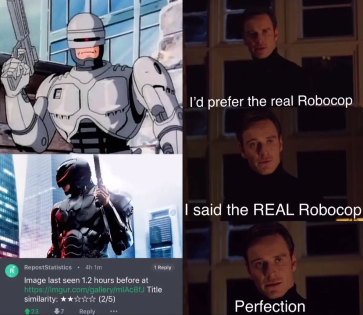 The image is a four-panel meme. Top left shows the animated Robocop from the 1987 cartoon. Bottom left shows the live-action…