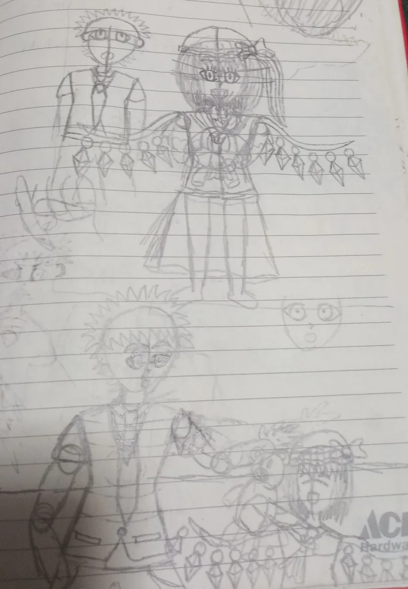 A child's pencil drawing on lined notebook paper shows two cartoon characters, one with spiky hair and the other with long…