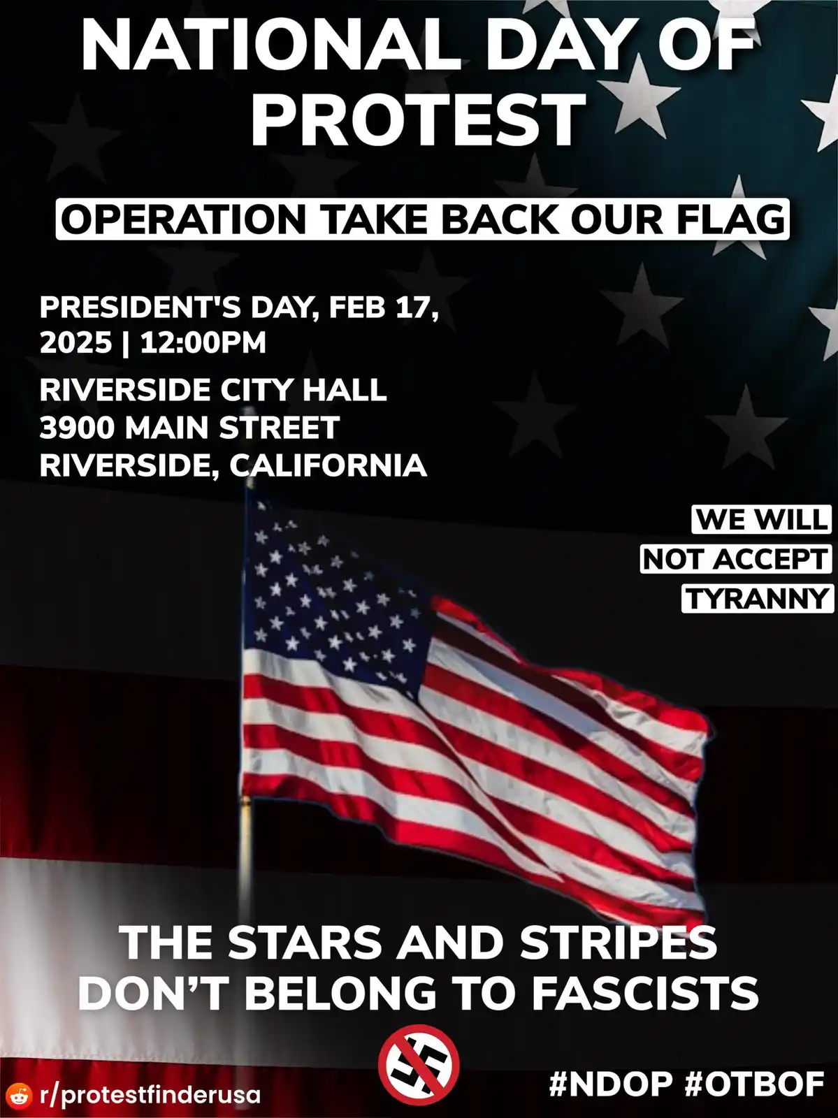 A protest flyer template featuring a waving American flag against a dark background with stars. The text announces a…