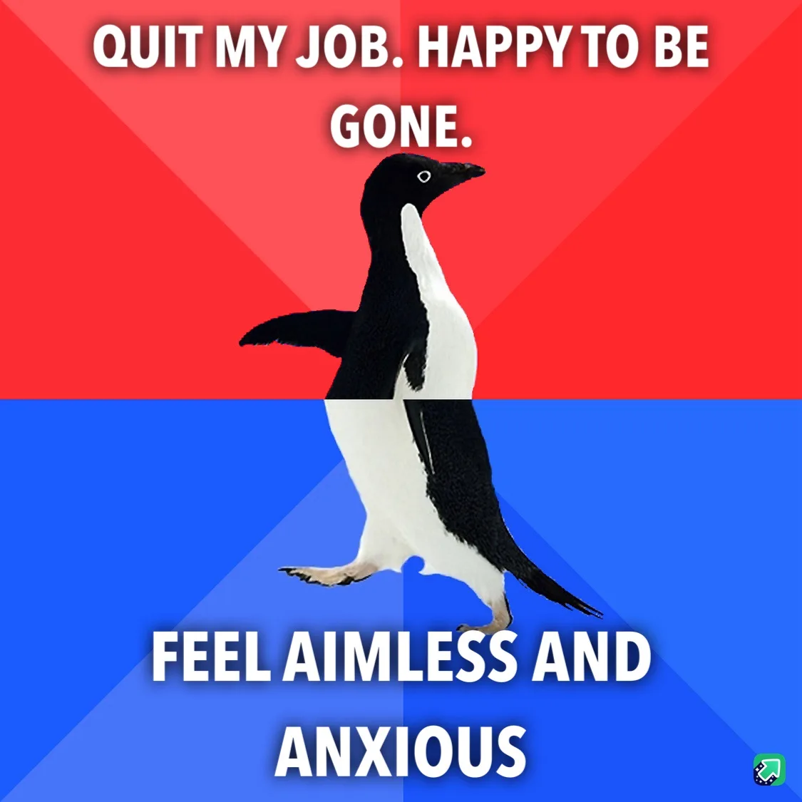 A penguin stands centered against a red and blue background, split diagonally. White bold text at the top reads 'QUIT MY…