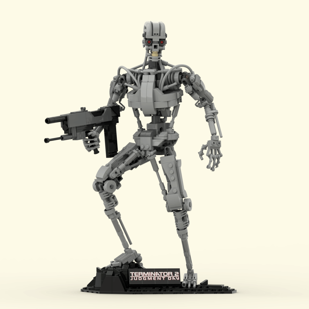 Six gray Lego models of the Terminator from 'Terminator 2: Judgment Day' are shown in different poses, each standing on a…