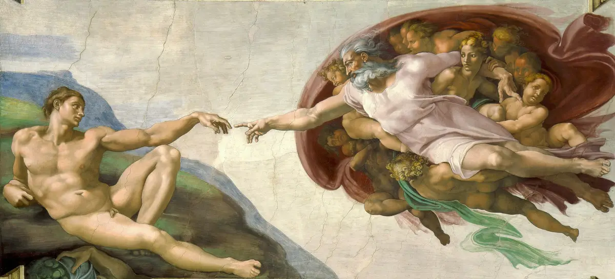 The image shows Michelangelo's 'The Creation of Adam' fresco, depicting God reaching toward Adam with nearly touching…