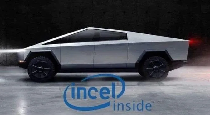 A silver Tesla Cybertruck is shown in profile against a dark background, with the 'Intel Inside' logo superimposed over the…