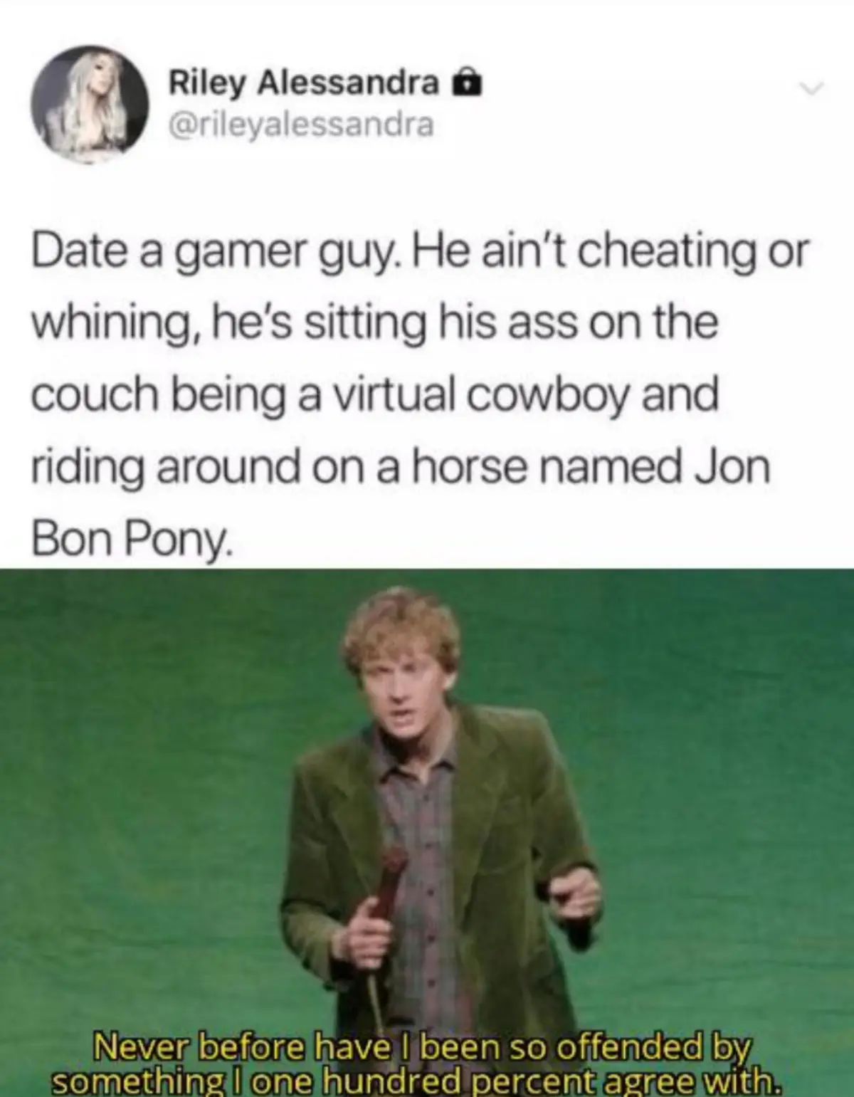 The image shows a screenshot of a tweet by Riley Alessandra, which reads 'Date a gamer guy. He ain't cheating or whining…