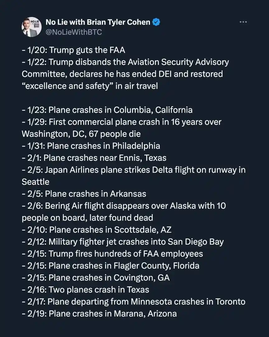 A screenshot of a tweet from 'No Lie with Brian Tyler Cohen' listing a series of aviation incidents and political actions…