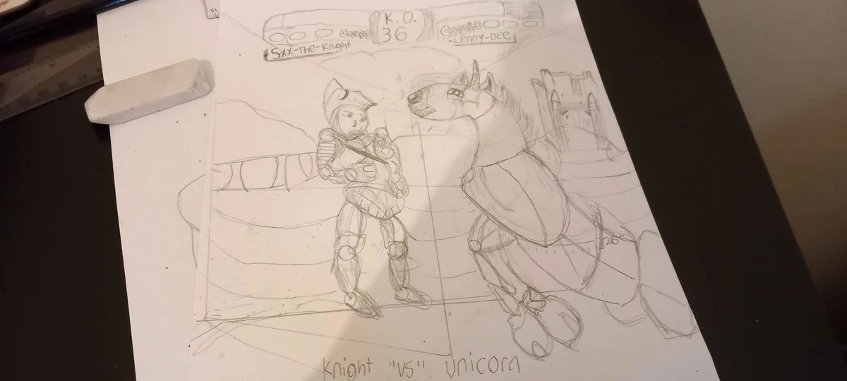 A hand-drawn pencil sketch depicts a knight in armor facing off against a unicorn in a fighting arena, with game UI elements…
