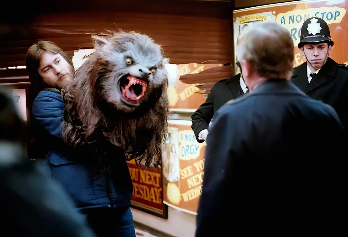 A man in a blue jacket is holding a person in a large, snarling werewolf costume. In the background, a police officer in a…