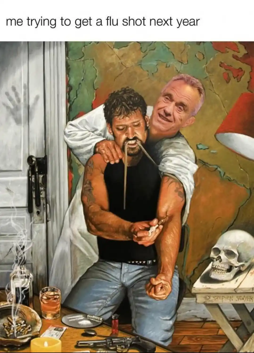 A painting depicts a man in a black tank top being injected in the arm by another man in a white coat, who is smiling…