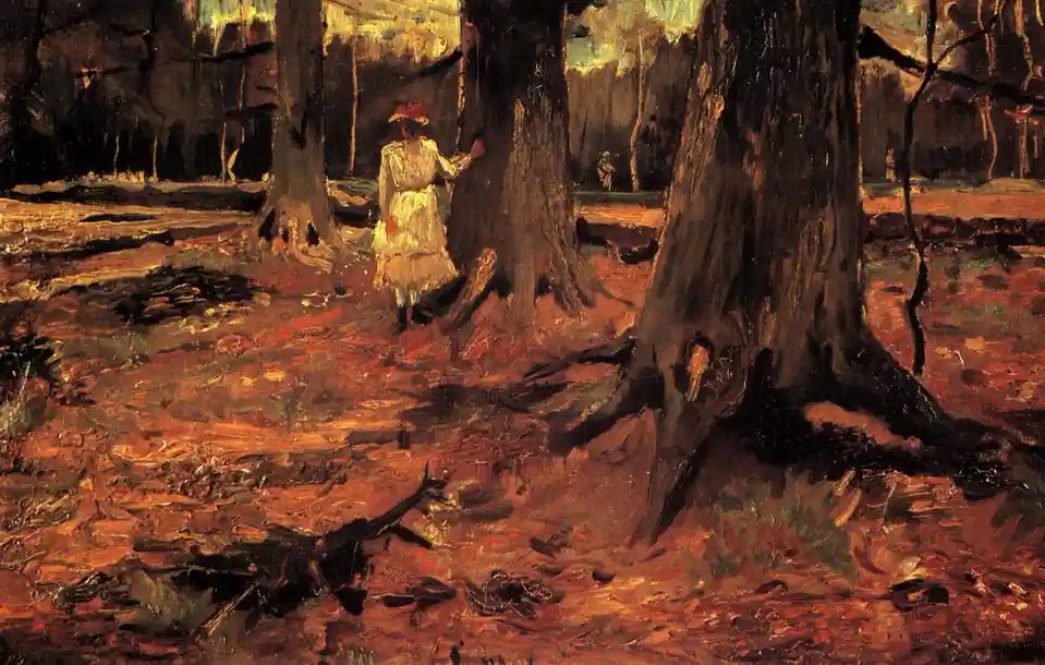 An impressionist painting depicts a woman in a white dress and red hat standing in a forest, touching a large tree trunk…