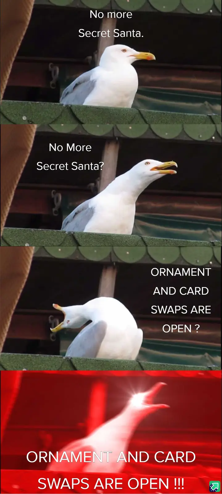 A three-panel meme featuring a seagull perched on a green roof. In the first panel, the seagull looks annoyed with the text…