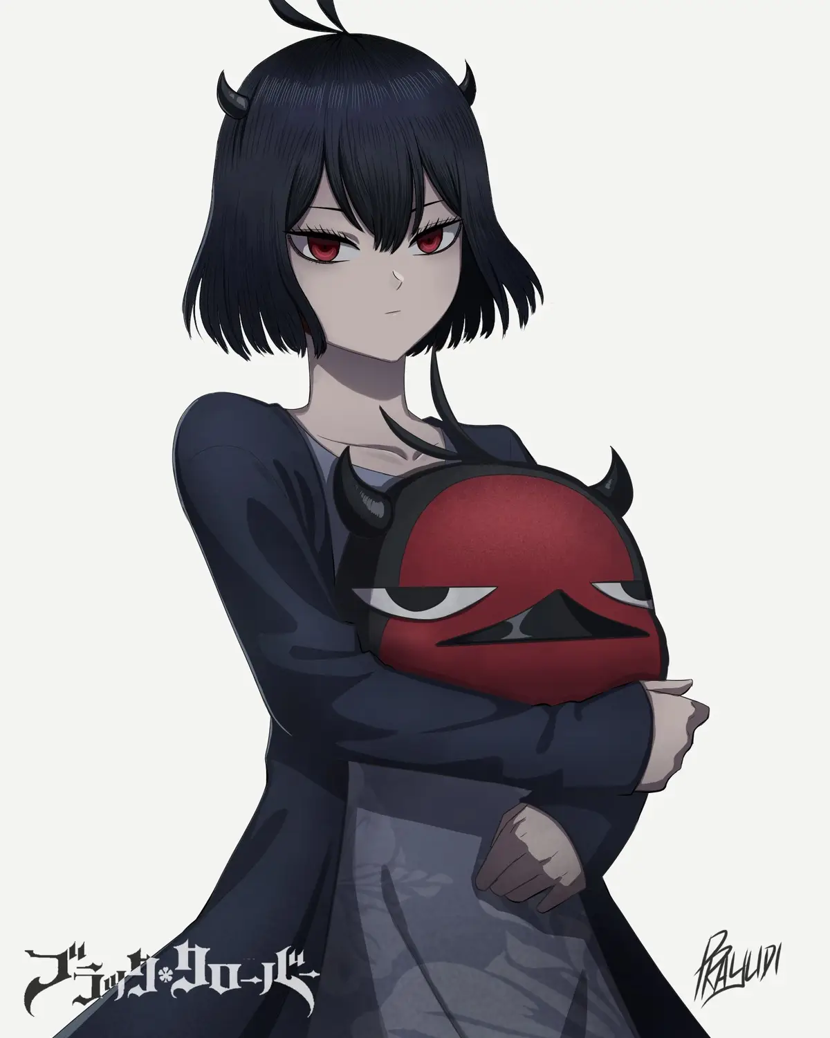 An anime-style girl with black hair, red eyes, and small horns holds a red, horned plushie with a grumpy expression. The…