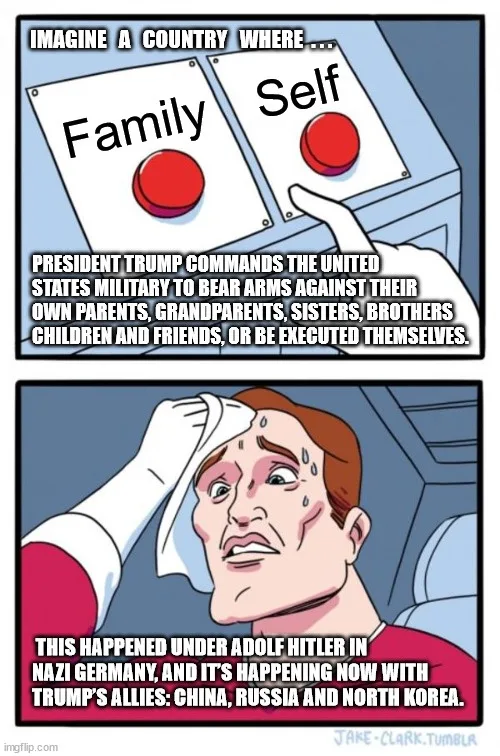 The meme features two panels. The top panel shows a hand hovering over two red buttons labeled 'Family' and 'Self' on a…