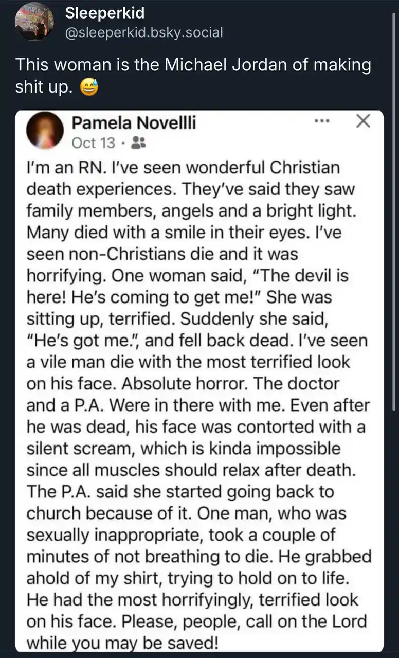 A screenshot of a social media post by Pamela Novellli, an RN, detailing disturbing and dramatic death experiences she…
