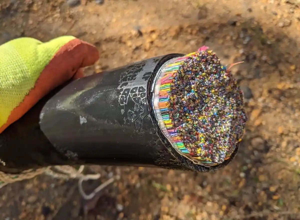 A gloved hand holds a cut section of a large black cable, revealing a dense, colorful array of tiny, multicolored fibers…