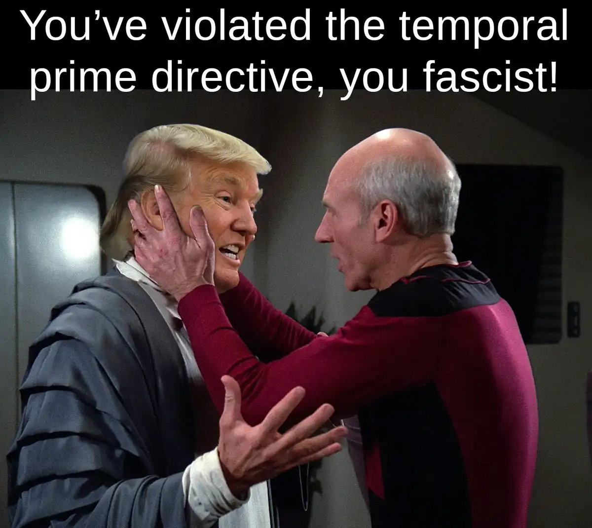 A man in a Starfleet uniform with a bald head and gray hair holds the face of a man with blond hair and a gray robe. The…