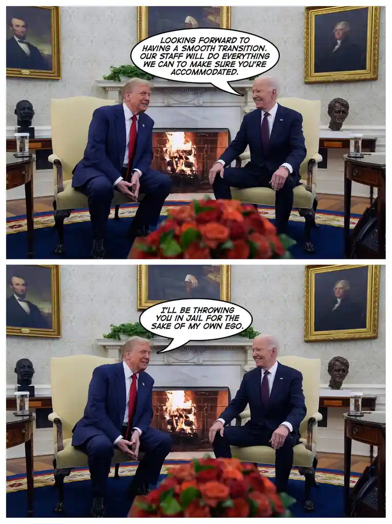 Two men in suits sit opposite each other in a formal room with a fireplace and portraits on the wall. The top panel shows…