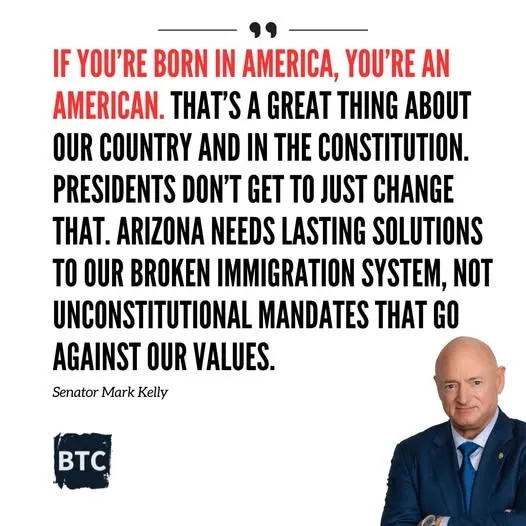 A political meme featuring a photo of Senator Mark Kelly in a suit, overlaid with a quote attributed to him. The quote…