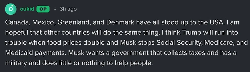 A Reddit post by user 'oukid' from 3 hours ago, displayed on a dark theme interface. The post text expresses hope that…