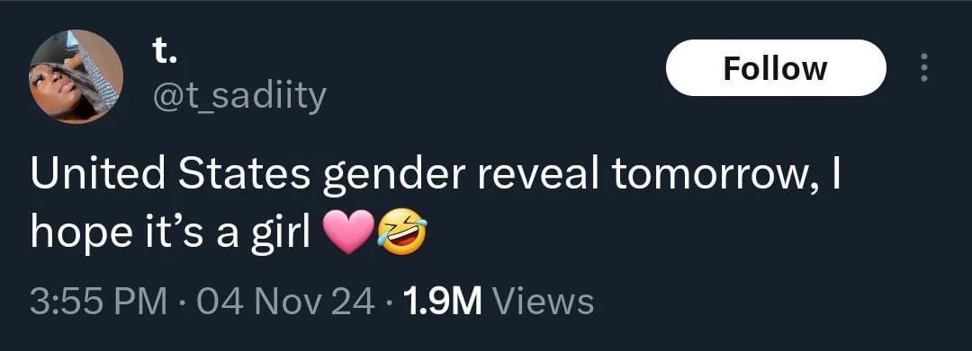 A screenshot of a tweet from user @t_sadiity, which reads 'United States gender reveal tomorrow, I hope it's a girl 💖😂'. The…