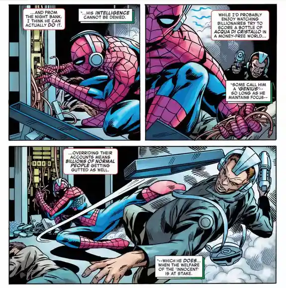A comic book panel featuring Spider-Man in a red and blue suit, wearing headphones, and interacting with a computer system…