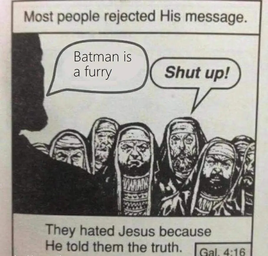 A black-and-white comic panel shows a silhouette speaking to a crowd of robed figures. The silhouette says 'Batman is a…