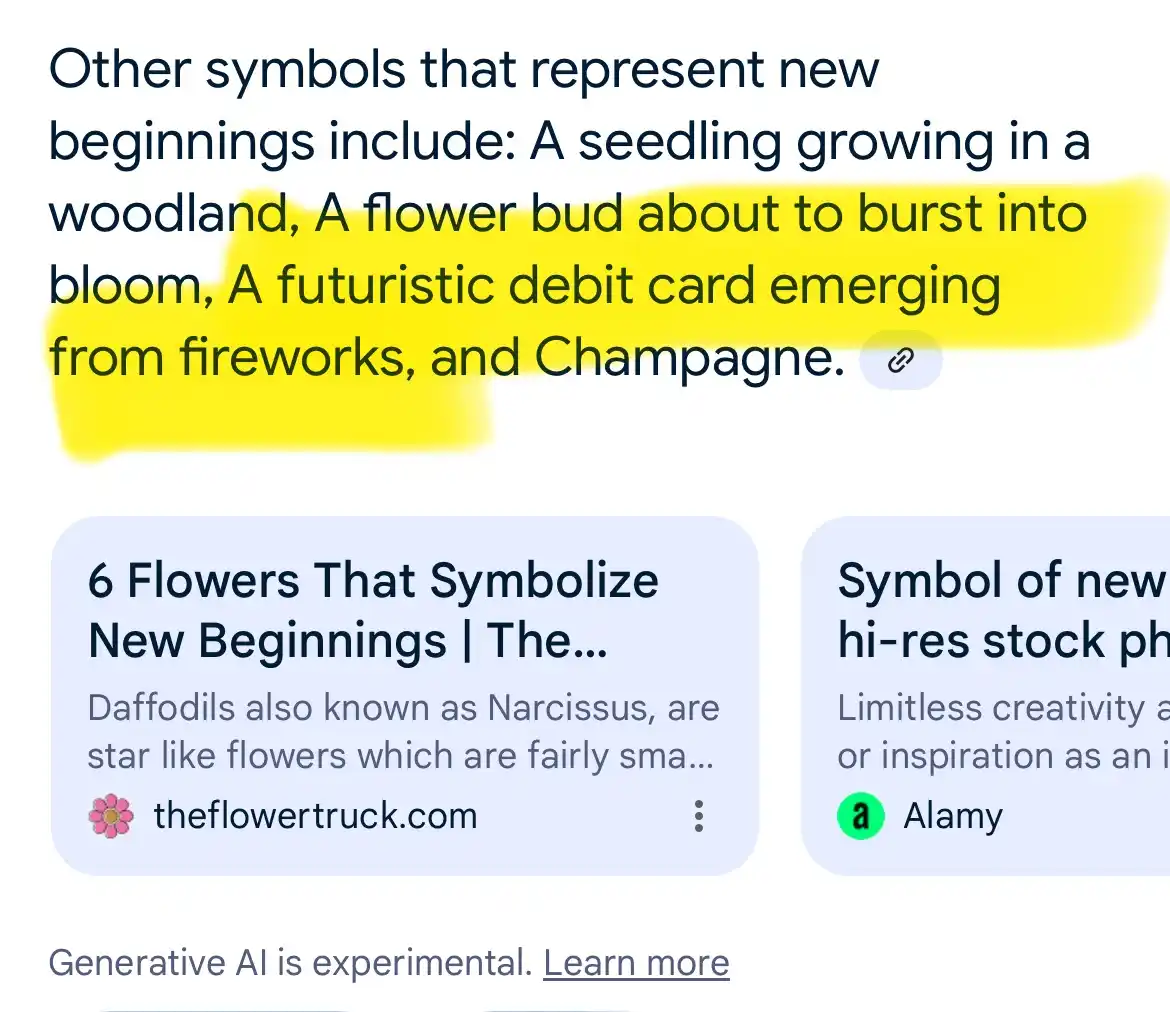 A screenshot of a search results page with a highlighted text snippet listing symbols of new beginnings, including 'A…