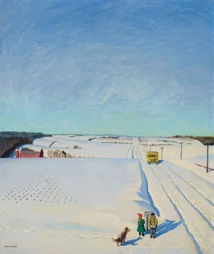 a snowy rural landscape painting shows two people and a dog standing by a road, waiting as a yellow school bus approaches in…