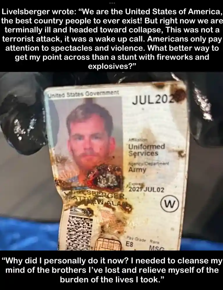 A close-up image shows a severely burnt and damaged U.S. Army ID card held by gloved hands. The ID, belonging to Matthew…