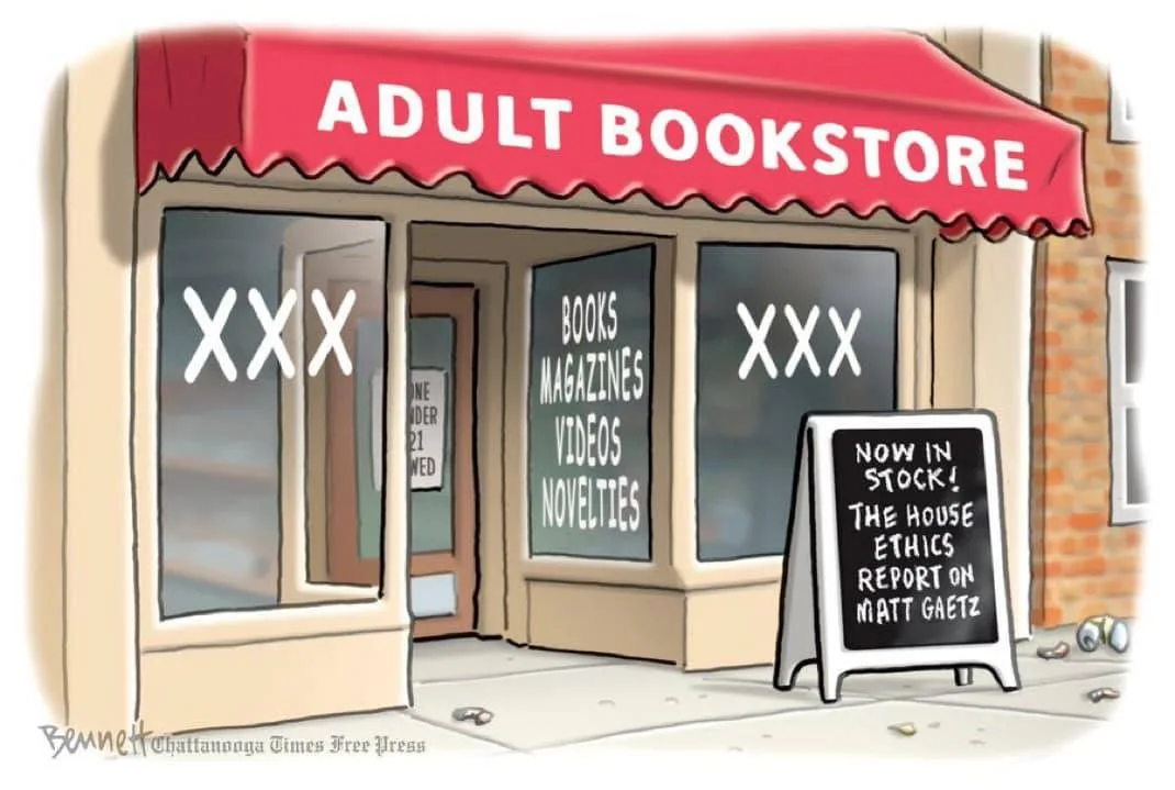 A cartoon illustration of an adult bookstore with a red awning labeled 'ADULT BOOKSTORE'. The windows display 'XXX' and list…