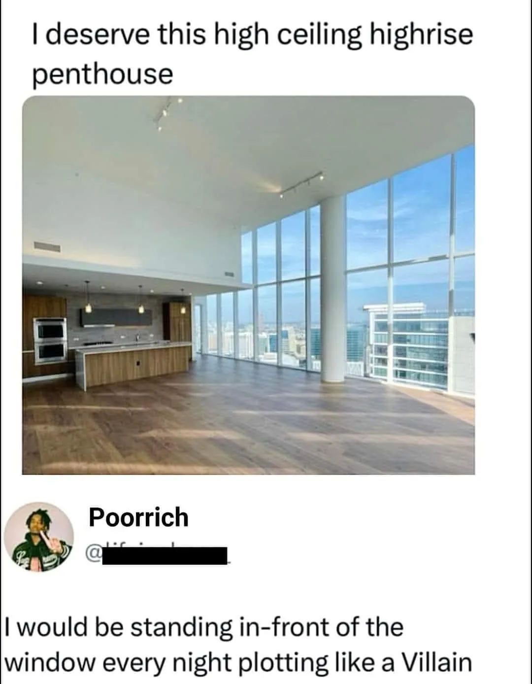 An image of a luxurious, empty high-rise penthouse with high ceilings, hardwood floors, and floor-to-ceiling windows…
