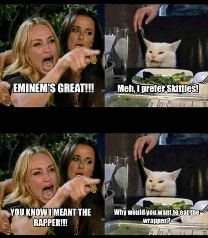 The meme is split into two panels. The left panel shows two women, one yelling and pointing while the other looks on, with…